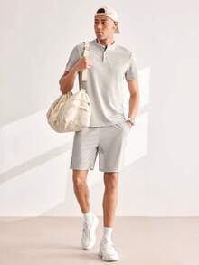 Driftmere Men's Polo Collar Sports Set, Includes Short Sleeve Polo Shirt & Shorts, Lightweight Breathable Fabric, Solid Color, Summer, With Pockets And Drawstring - Light Grey - View 8