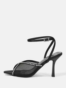 CUCCOO HITCHD Ladies' New Black Mesh See-Through Rhinestone Pointed Thin Heel Open-Toed High-Heeled Sandals, Suitable For Banquets, Parties And Weddings Summer - Black - View 8