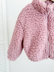 SHEIN LMoss Kids LMoss 女嬰可愛休閒毛絨立領夾克，愛心圖案，適合秋冬穿著 - 淺粉色 - 查看 5