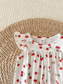SHEIN LMoss Kids Baju Terusan Bayi Perempuan Baru Lahir Lucu Motif Buah Kasual Musim Panas dengan Lengan Bergelombang - Putih - View 3