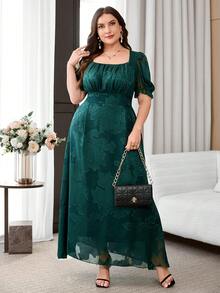 Reflora Plus Size Women Square Neck Jacquard Pleated Casual Party Dress - Dark Green - View 6