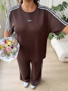 SHEIN EZwear 大码撞色条纹印花贴花圆领上衣和阔腿裤休闲两件套 - 藏蓝色 - 查看 7