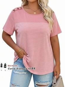 SHEIN CURVE+ 大尺碼女款撞色條紋拼接T恤 - 粉色 - 查看 3
