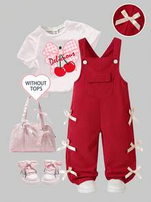 SHEIN Vintaside Kids 女童燈芯絨吊帶褲，四季新款，紅色前口袋設計，杏色蝴蝶結裝飾，寬鬆直筒版型，柔軟舒適，適合上學、通勤、日常出遊，四季女童吊帶褲 - 紅色 - 查看 2