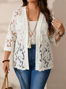 EMERY ROSE Cardigan Wanita Ukuran Besar Lengan Tiga Perempat Warna Polos Bahan Renda, Cocok untuk Liburan Musim Panas dan Pakaian Liburan - Putih - View 4