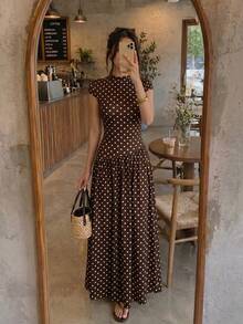 Firerie Minimalist Elegant Daily Wear Unique Solid Color Short Sleeve Fitted Stand Collar Asymmetrical A-Line Cinched Waist Long Dress - Chocolate Brown - View 7