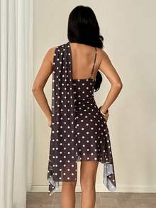 SHEIN PETITE 女款性感波點印花細肩帶迷你洋裝，夏季 - 棕色 - 查看 2