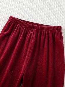 Cozy Pixies 女嬰字母皇冠刺繡天鵝絨圓領長袖套頭衛衣與彈性腰長褲2件套幼兒女童服飾，舒適百搭時尚可愛休閒簡約基礎款，適合秋冬室內、戶外、滑雪、開學、日常、運動、玩耍、派對、節慶等多種場合 - 酒紅色 - 查看 5