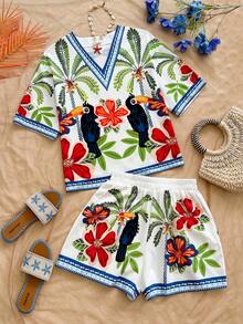 Soleia Women's Tropical Print Shirt Shorts 2 Pieces Set For Vacation Beach Vacation White Summer Tropical - Multicolor - View 3