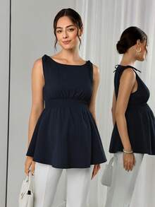 Momance Maternity Solid Color Shoulder Tie Waist Shirred Tank Top - Navy Blue - View 1