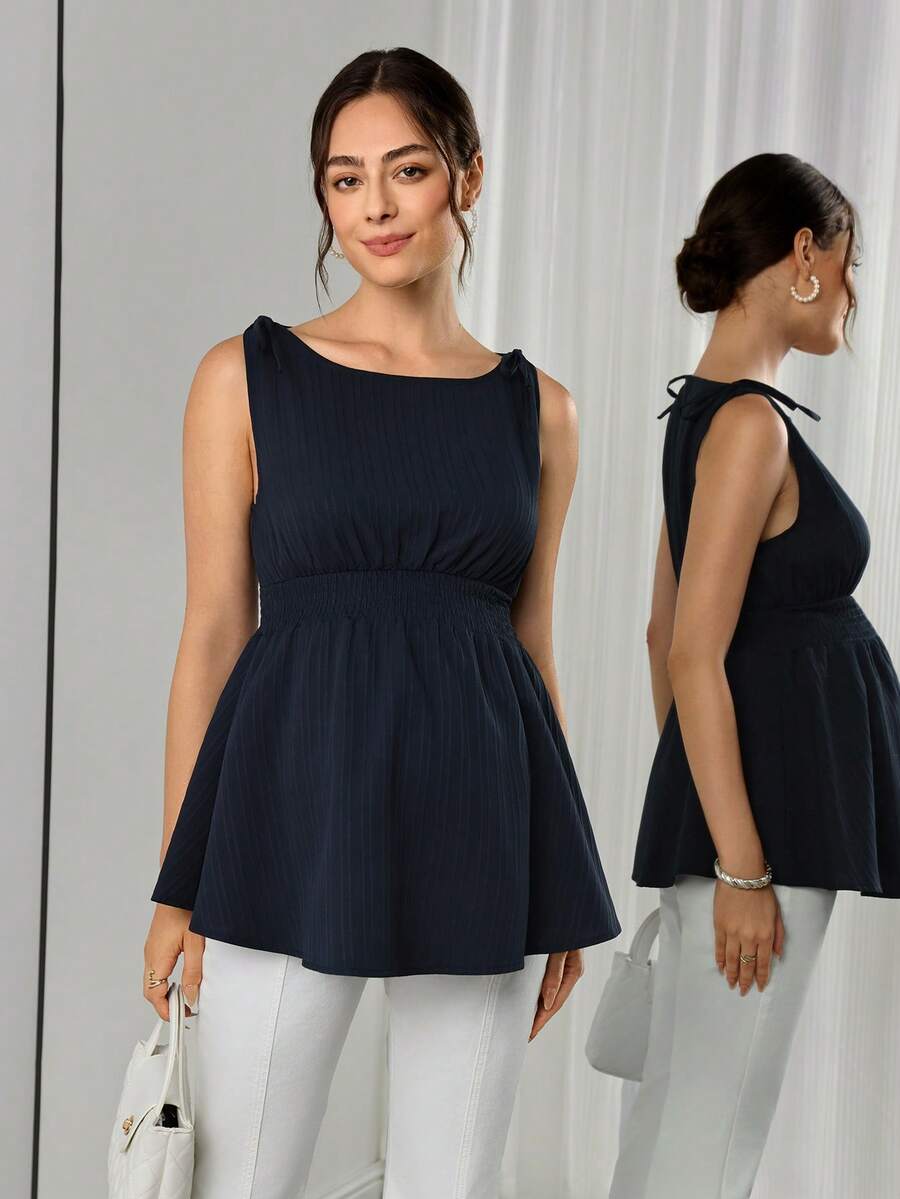 Momance Maternity Solid Color Shoulder Tie Waist Shirred Tank Top - Navy Blue - View 1