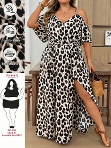 SHEIN CURVE+ 22號大尺碼女款音樂節海灘度假波希米亞風休閒度假洋裝，夏季純色露肩高開衩下擺綁腰設計 - 棕色 - 查看 10