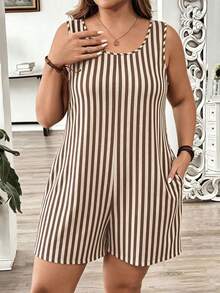 EMERY ROSE Mono de talla grande casual minimalista a rayas con bloques de color, bolsillo y cuello redondo - Multicolor - Ver 4