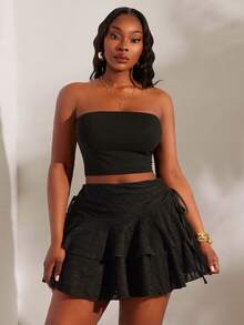 SHEIN SXY Black Stretch Lace Mini Skirt With Drawstring Waist And Layered Ruffles, Perfect For Vacation. Gothic Style, Casual Yet Sexy Street Wear. Autumn Gym - Black - View 4