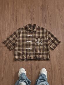 SWAVVY Men's Letter Embroidered Front Button Casual Short Sleeve Shirt - Brown - View 2
