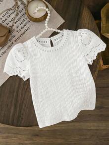 SHEIN LMoss Kids LMoss Young Girl Knitted Solid Color Round Neck Lace Ruffle Trim Fitted T-Shirt - White - View 4