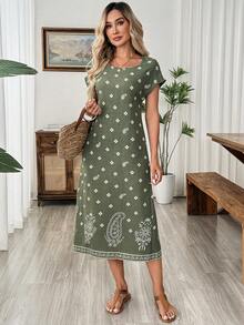 EMERY ROSE Women's Casual Vacation Cashew Flower Print Mid-Length Dress,Summer Dresses For Women - Green - View 3