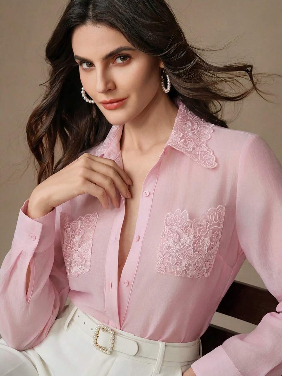 Anewsta Gentle Style Beach Vacation Long Sleeve Ruffle Pocket Creative Commute Style Women's Blouse, Holiday Outfits For Women, Casual Blouses For Women, Summer Top