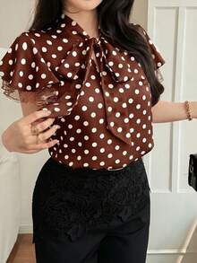 Feyla Chic Brown Polka Dot Women's Blouse V Neck Tie Front Satin Silk Feel Top With Ruffle Lace Trim Sleeves Fashionable Work Or Date Night Apparel - Coffee Brown - View 7