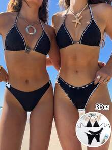 Swim Vcay 三件套纯色比基尼套装，女士泳装，适合水疗和度假 - 黑色 - 查看 1