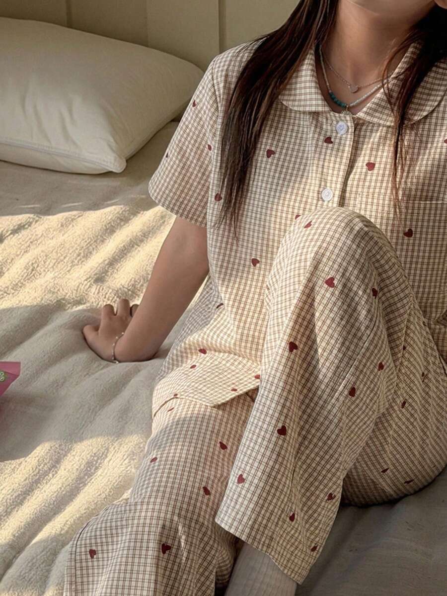 DAZY Conjunto de ropa de estar en casa para niña preadolescente con estampado de corazones en todo el Body y ribete en contraste, ropa de otoño - Beis - Ver 1