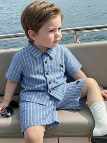 DAZY Baby Boys' Korean Style Striped Collar Shirt Set Summer Toddler - Blue - View 1