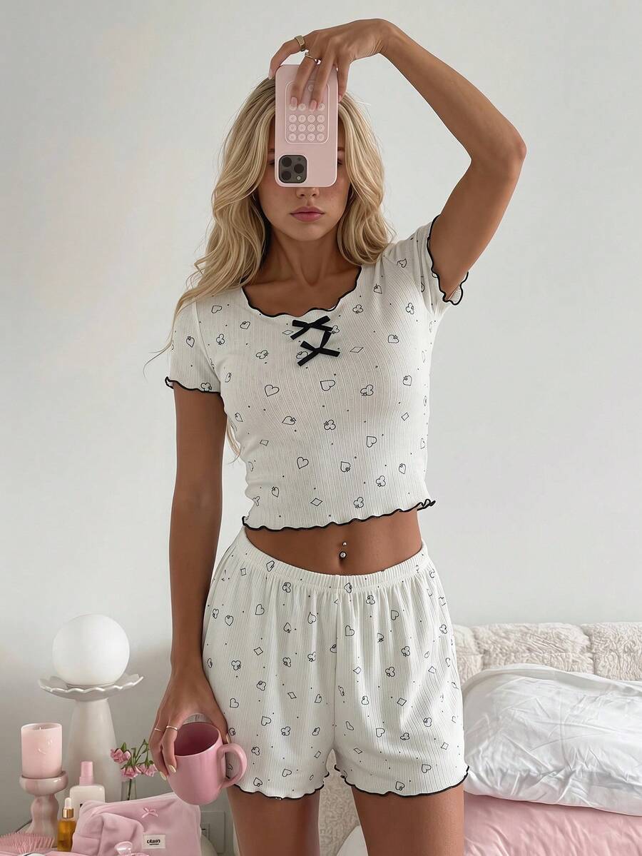 Livesso Set de 2 piezas de pijama de verano con top de manga corta y shorts con estampado geométrico y ribete de contraste para mujer - Blanco - Ver 1