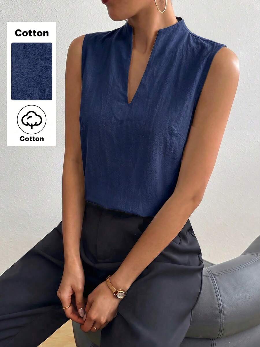 SHEIN Raffinéa Women's Solid Color Notched V-Neck Casual Sleeveless Blouse Teachers' Day Office Navy Blue Summer - Navy Blue - View 1