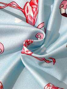 2 Peças/Conjunto Roupa de Ficar em Casa para Meninas Pequenas, Base Azul com Estampa Fofa de Flamingo Rosa, Tecido de Seda de Leite Macio e Confortável Retardante de Chama, Conjunto Casual Minimalista de Cardigan de Manga Curta com Gola e Shorts, Verão - Azul - Visão 5
