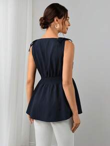 Momance Maternity Solid Color Shoulder Tie Waist Shirred Tank Top - Navy Blue - View 2