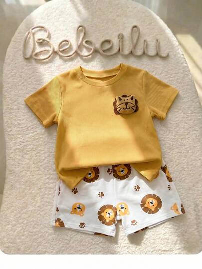 Baby Boys Casual Minimalist Round Neck Short Sleeve Pants Set Yellow Lion Cartoon Print Summer Outing Comfy T-Shirt Top Toddler Casual Set