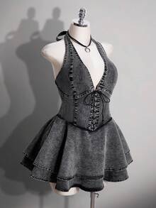 SHEIN ICON 大尺碼性感露背掛脖牛仔洋裝，夏季款 - 黑色 - 查看 5