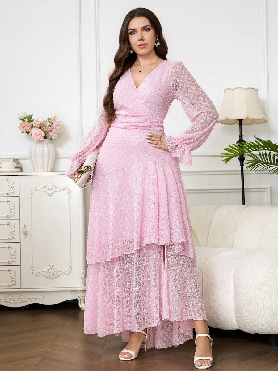 Reflora New Plus Size Women's Fashion Printed Ruffle Wave Hem High Elastic Waist Cinched Slimming Concealing Long Dress, Autumn Dress, Pleated Dress, Floral Dress - Pink - View 1