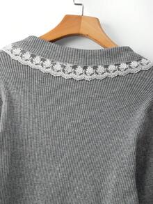 GlowEve CURVE Plus Size Elegant Lapel Lace Trim V-Neck Long Sleeve Cardigan - Grey - View 5