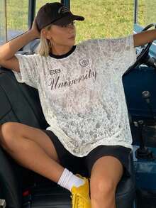 DAZY Lace Letter Print Loose Short Sleeve Casual Vacation Summer Women's T-Shirt School - Apricot - View 2