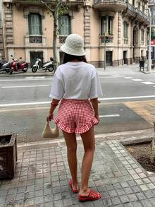 Breezaya 大尺碼女款格紋花卉印花鏤空裝飾休閒百搭日常外出短褲 - 彩色 - 查看 2