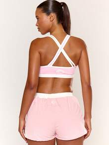 Musera Sport Sport Pink Contrast Edge Asymmetric Front Scoop Neck Cross Back Logo Sports Bra Top - Pink - View 4