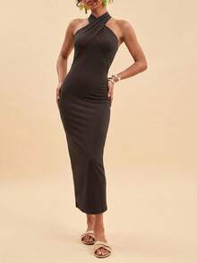 Travachic Gaun Panjang Rajut Polos Model Halter Neck Pas Badan untuk Wanita, Cocok untuk Liburan, Musim Panas, Warna Abu-abu Gelap, Elegan - Coklat - View 6