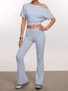 Rina Fox Women's Striped One-Shoulder Batwing Sleeve Top And Flare Pants Casual Set - Blue - View 7