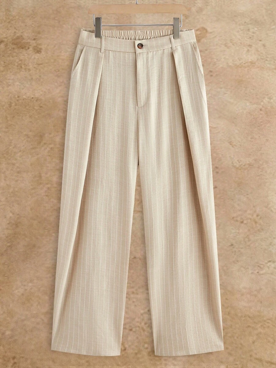 HIMLAND Mens Beige Pinstripe Pleated Straight Leg Pants With Elastic Waist For Casual Wear
Comfortable Mens Wide Leg Beige - Khaki - View 1