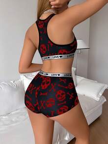 SHEIN 女款骷髏印花內衣套裝 - 紅色 - 查看 2