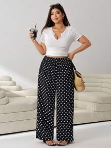 Solflare Plus Size Women's Polka Dot Drawstring Waist Casual Boho Versatile Daily Outing Vacation Long Pants Summer - Multicolor - View 4