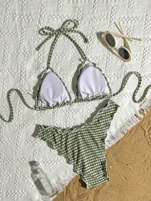 Swim Mod Women's Summer Beach Pool Party Plaid Special Fabric Halter Neck Bow Decor Frill Trim Triangle Bikini Top And Bottom Cute Girl Casual Tropical Green - Mist Green - View 2
