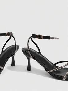 CUCCOO SZL Women's 7CM Square Toe Kitten Heel Rhinestone Cross Strap Black High Heels, Easy To Wear, Sexy, Versatile, Elegant Stiletto Pumps For Daily Commute, Beach, Party - Black - View 5