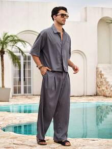 Mercer Haus Men's Short Sleeve Front Button Casual Summer Shirt Set - Grey - View 4