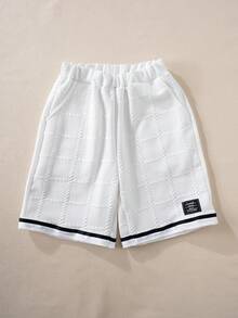 Vacaura 男童两件套，青少年（男童）春夏新款休闲时尚简约白色纹理格子巴黎印花短袖T恤和短裤套装 - 白色 - 查看 6