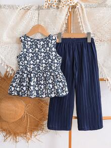 SHEIN Elladie kids 女童新款清新田園風細碎花兩件套，粉色蝴蝶結裝飾無袖背心上衣 + 粉色紋理布料寬腿長褲，甜美可愛時尚日常穿搭，夏季 - 藍色 - 查看 2
