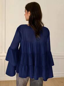 Solavon Camisa de vacaciones versátil con volantes en el bajo y lazo delantero para mujer - Azul Marino - Ver 6