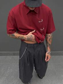 GETOML 男士紅色金屬裝飾休閒短袖襯衫，度假、父親節禮物 - 紅色 - 查看 3