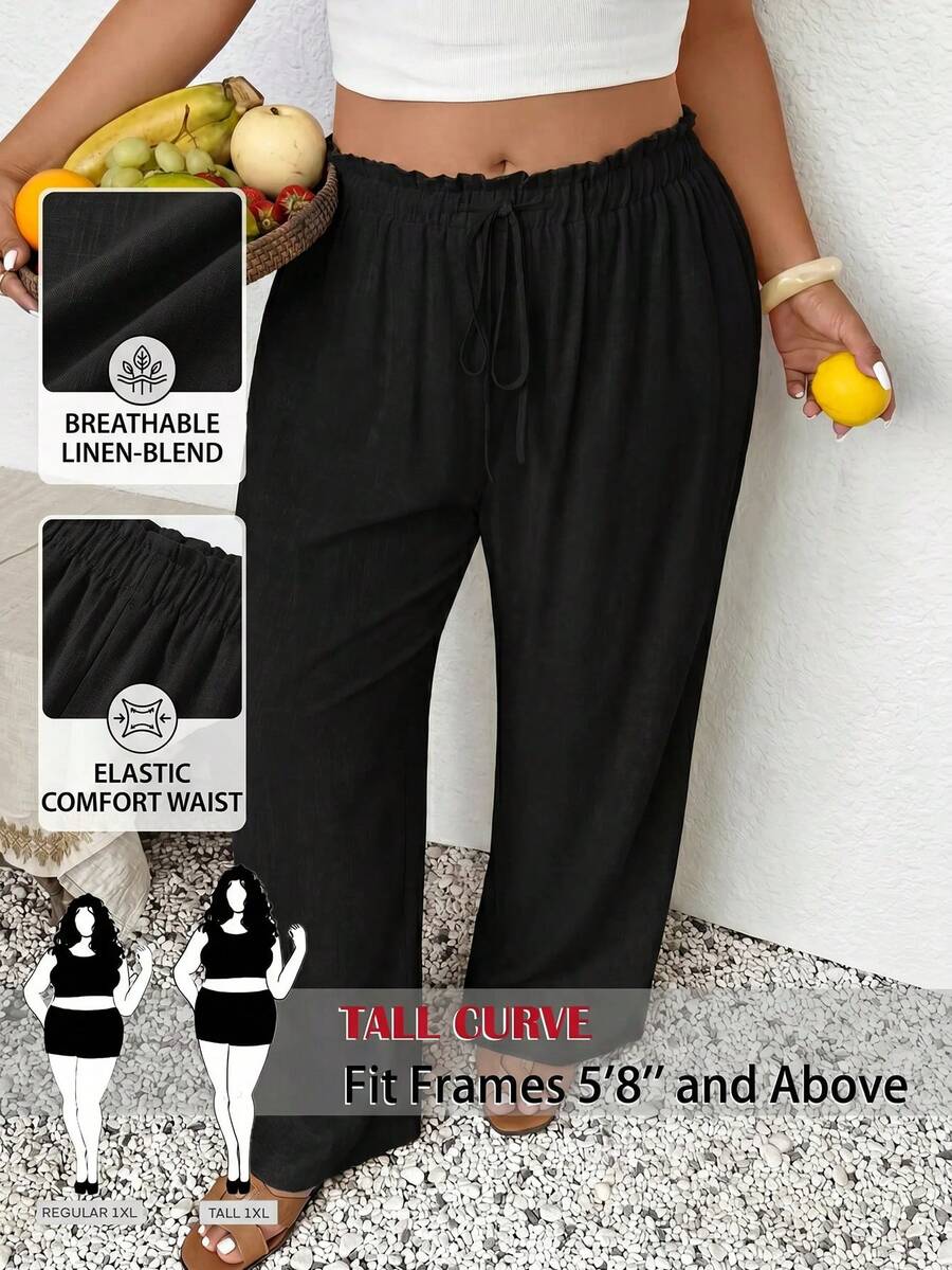 SHEIN Tall CURVE 大码女式纯色荷叶边腰带休闲裤 - 黑色 - 查看 1